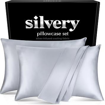 Silvery Silver Infused Pillowcase Set - 2 Pack Self-Cooling Pillowcases with Self-Cleaning Silvery TechnologyTM for Hygienic Sleep - Luxurious Silky Soft Comfort Gray, Queen U.S. Standard