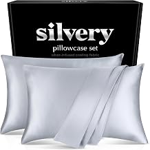 طقم أغطية وسائد فضية مملوءة بالفضة - عبوتان من أغطية الوسائد ذاتية التبريد مع تقنية Silvery TechnologyTM ذاتية التنظيف للنوم الصحي - رمادي حريري ناعم مريح فاخر، كوين الولايات المتحدة. معيار