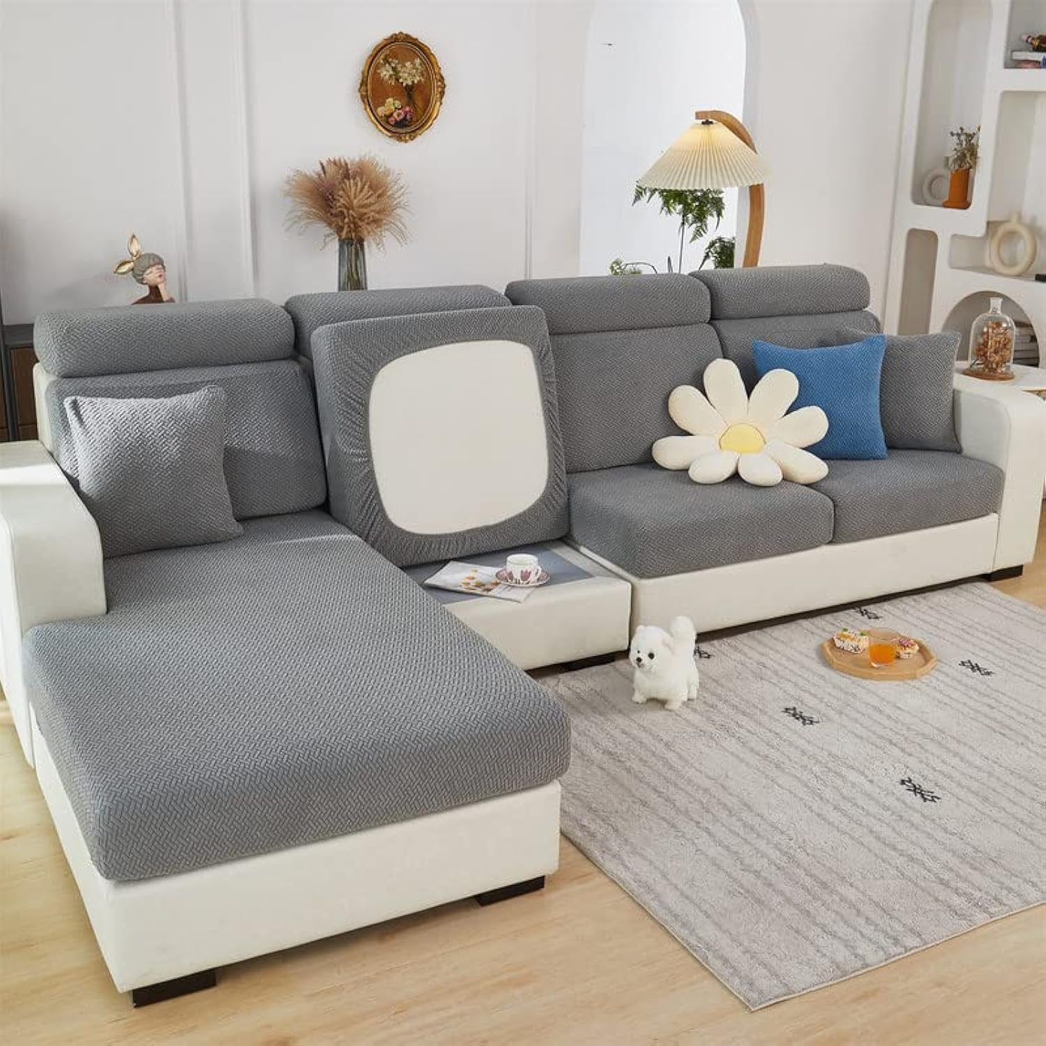 Housse De Coussin De Canapé Universelle - Tissu Élastique Gris, Protection Anti-Taches Et Poils