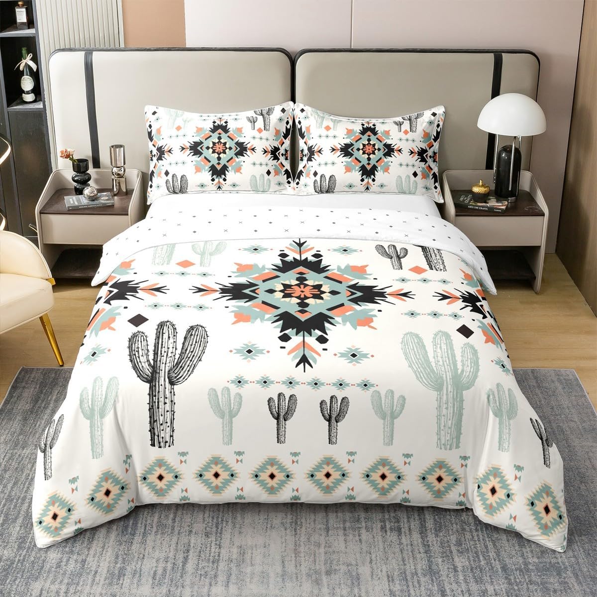 100% Cotton Western Decor Aztec Duvet Cover Set Queen Size Southwestern Geometric Tribal Style Bedding Set,Tribe Bed Set Black and Green Cactus Design Comforter Cover for Kids and Adults