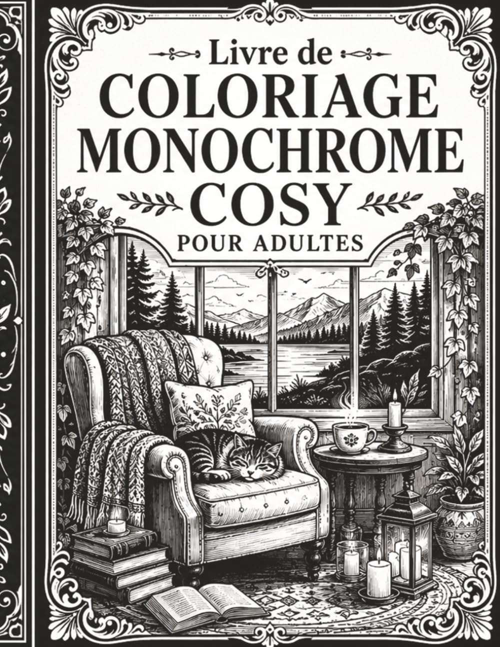 Livre de Coloriage Monochrome Cosy pour Adultes: Dessins détaillés de maisons douillettes, paysages apaisants, moments hygge et ambiances anti-stress pour adultes