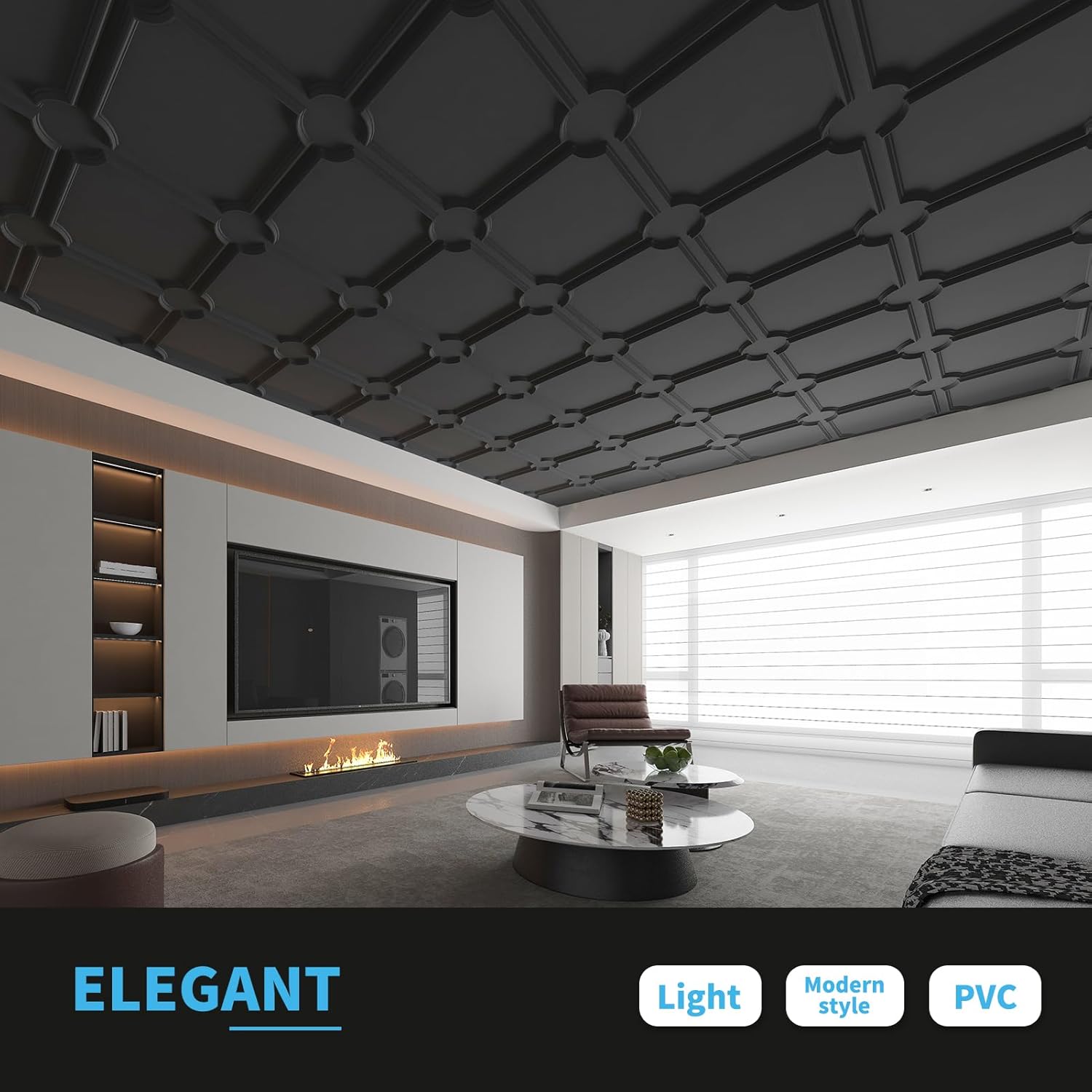 art3d 2x2 ft drop down pvc ceiling tiles, 3d textured glue up ceiling panel for office living room home decor - 12-pack covers 48 sq.ft, black 24 x 24 inch black