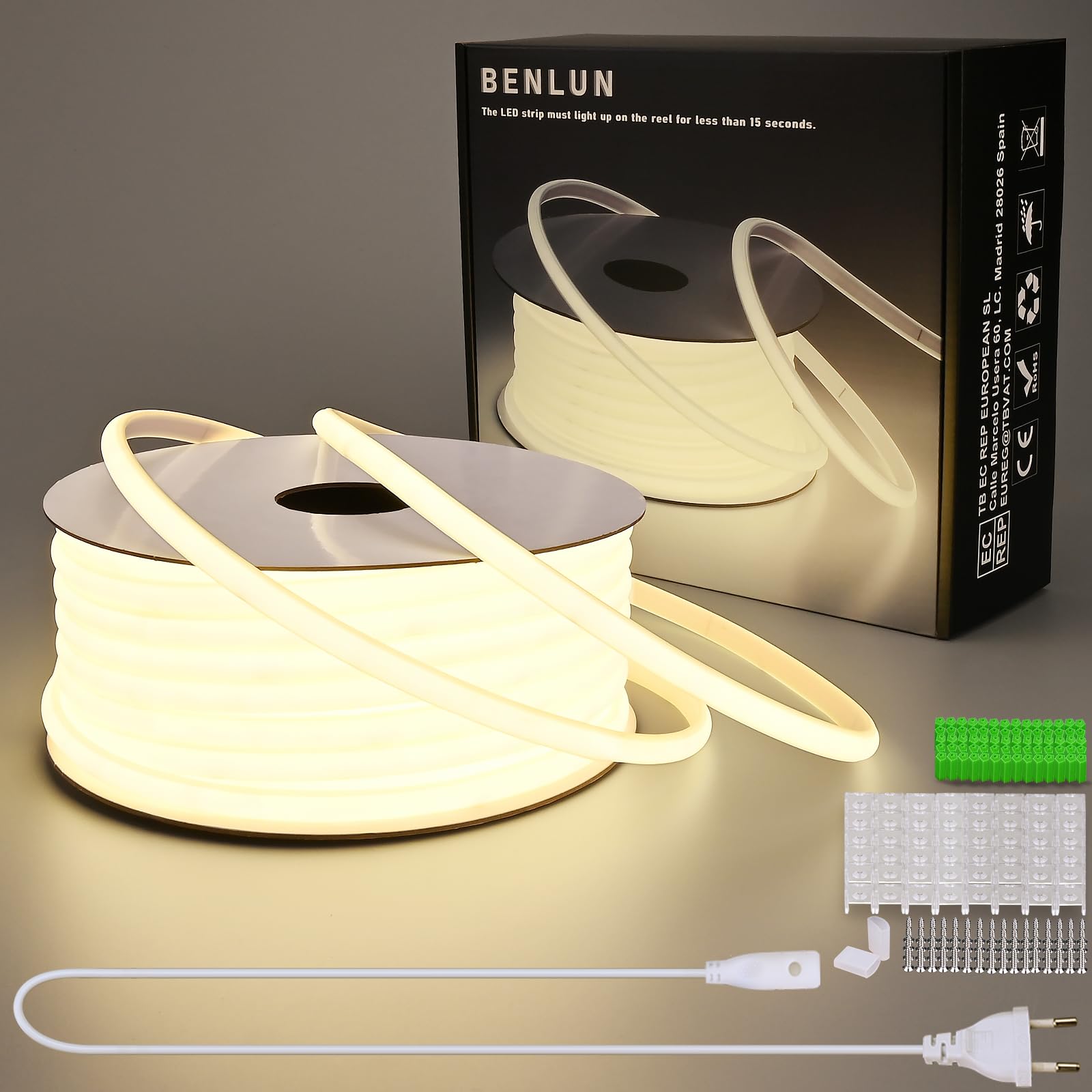 BENLUN Striscia LED COB 230V da Esterno 300W 30 Metri senza Trasformatore | 4000K Bianco Naturale Luci LED 220V Impermeabile IP65, Strisce LED per Cortile, Giardino, Salotti, Camera da Letto