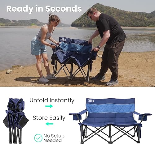 Miniatura 5 de Sofá de campamento de gran tamaño para adultos, resistente, totalmente acolchado, doble silla de campamento para exteriores, sofá biplaza doble,