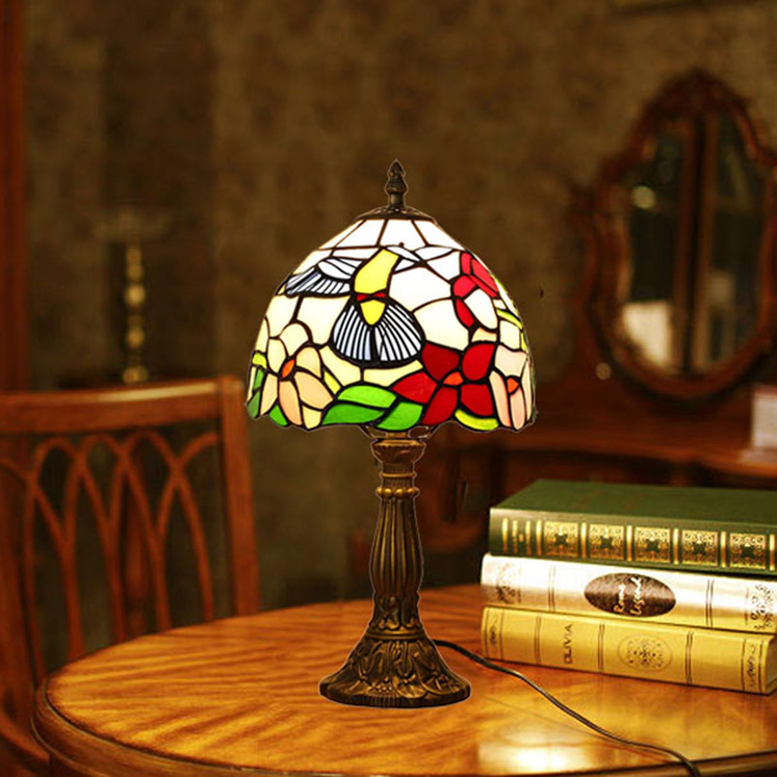 Lampada Tiffany da Tavolo con Paralume in Vetro Colorato per Soggiorno, Camera da Letto, Studio e Tavolino da Caffè