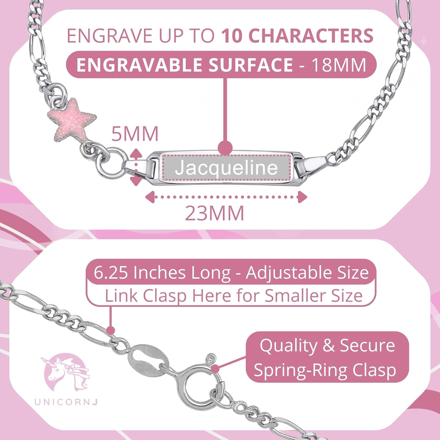 UNICORNJ 925 Italy Sterling Silver Child or Baby Name Bracelet Girls Boys, Personalized Engraved Kids ID Bracelets, 6.5" Figaro Chain, Enamel Charm Newborn Infant Toddler Kid Jewelry