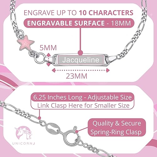 Miniatura 2 de UNICORNJ 925 Italy Sterling Silver Child or Baby Name Bracelet Girls Boys, Personalized Engraved Kids ID Bracelets, 6.5" Figaro Chain, Enamel Charm