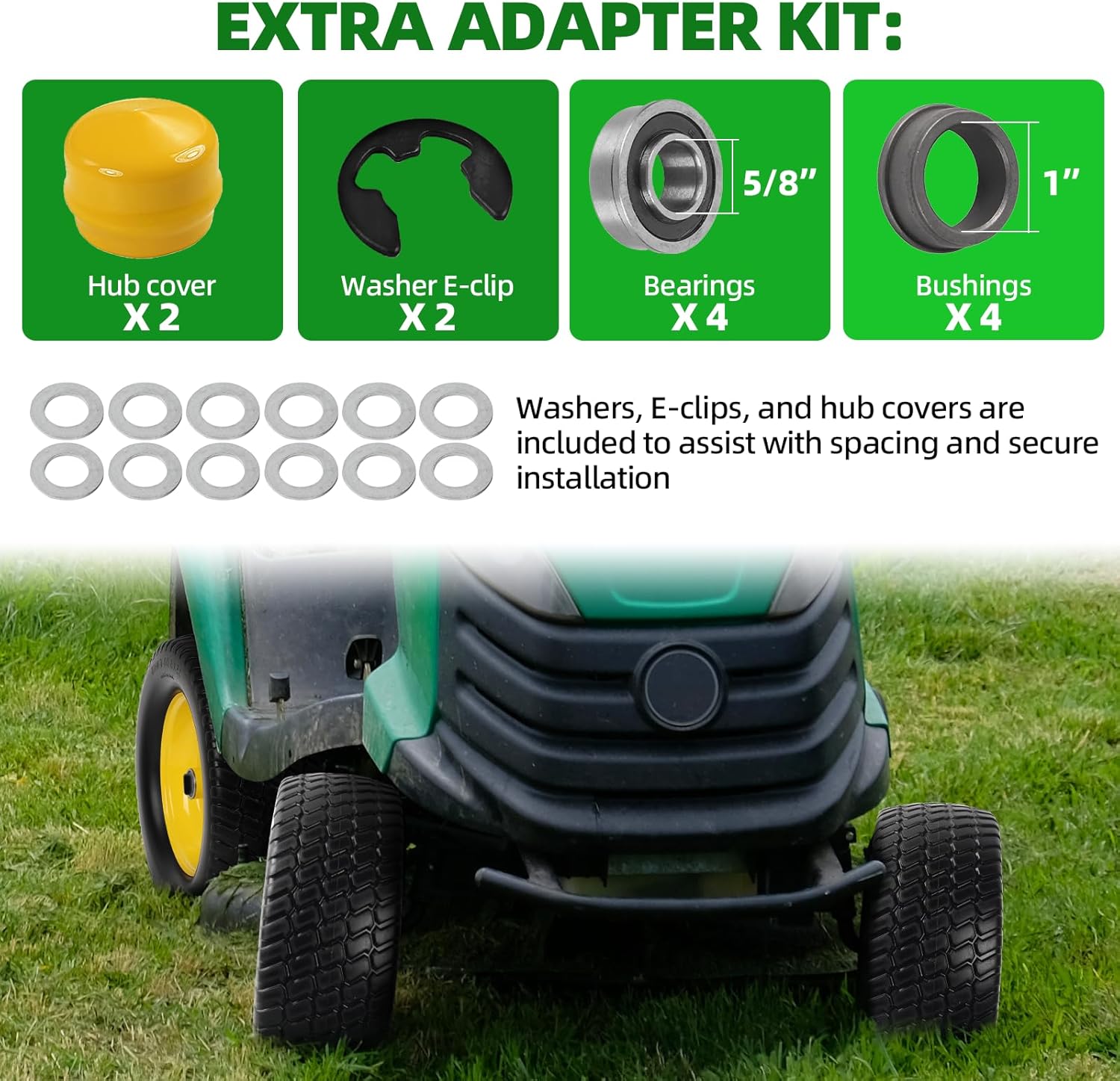 AR-PRO (2 Pack) 15x6.00-6 Flat Free Tire and Wheel, Solid Lawn Mower Front Tires with 3" Centered Hub, 3/4" & 5/8" Bearings & 1" Bushings, Compatible with John Deere Riding Mower Lawn Tractor