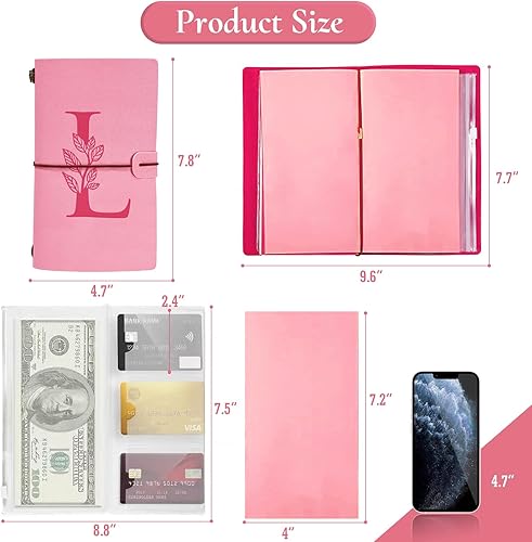 Miniatura 5 de Diario personalizado para regalo, diario de cuero con inicial rosa + juego de bolígrafo de corazón de diamante, cuaderno de viaje, bloc de notas