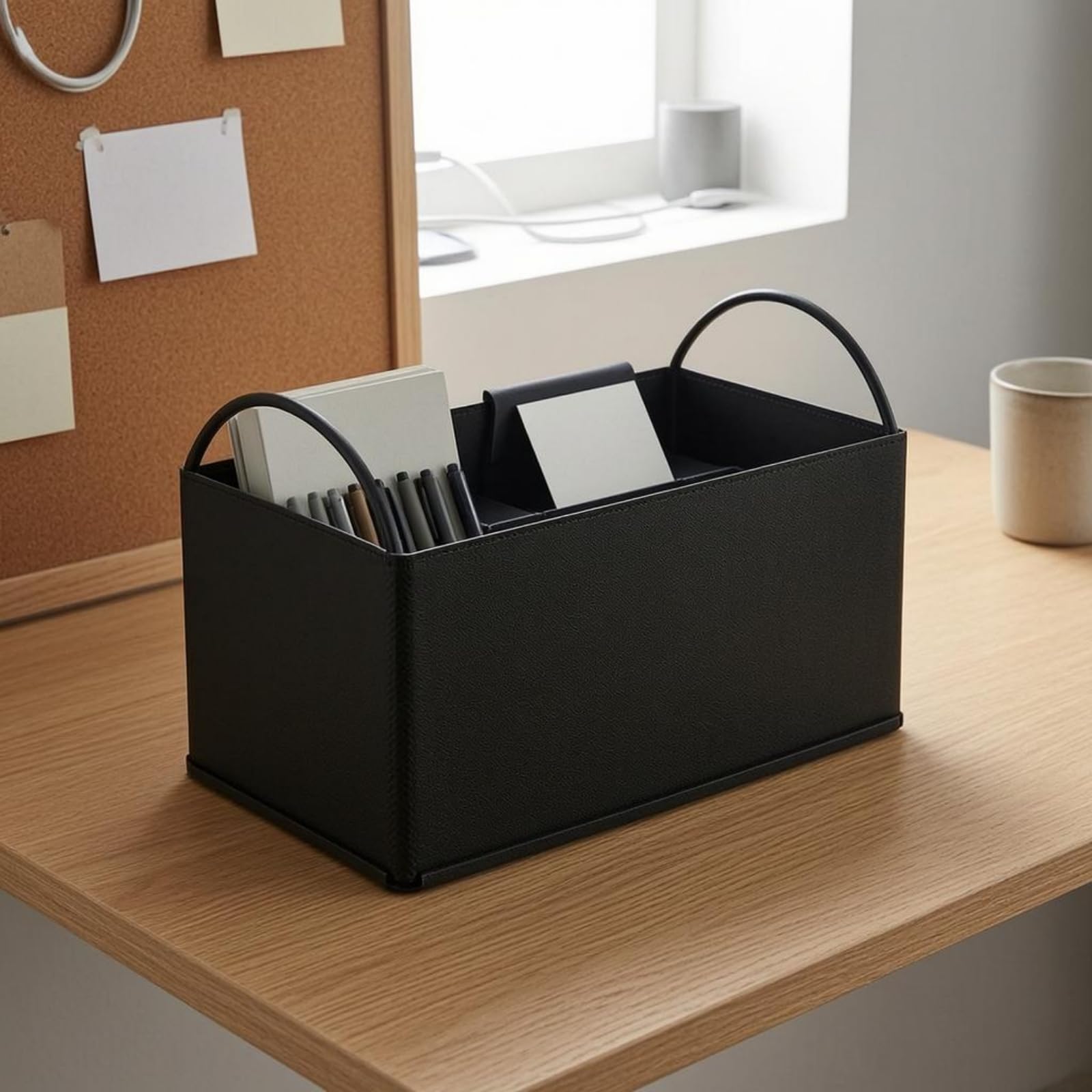 Colcolo Vassoio Portaoggetti Rettangolare Organizer Scrivania Contenitore Cestino Ripostiglio Multiuso in Ferro E Pelle Pu per Accessori E Cancelleria Adatto per Studio, Marrone