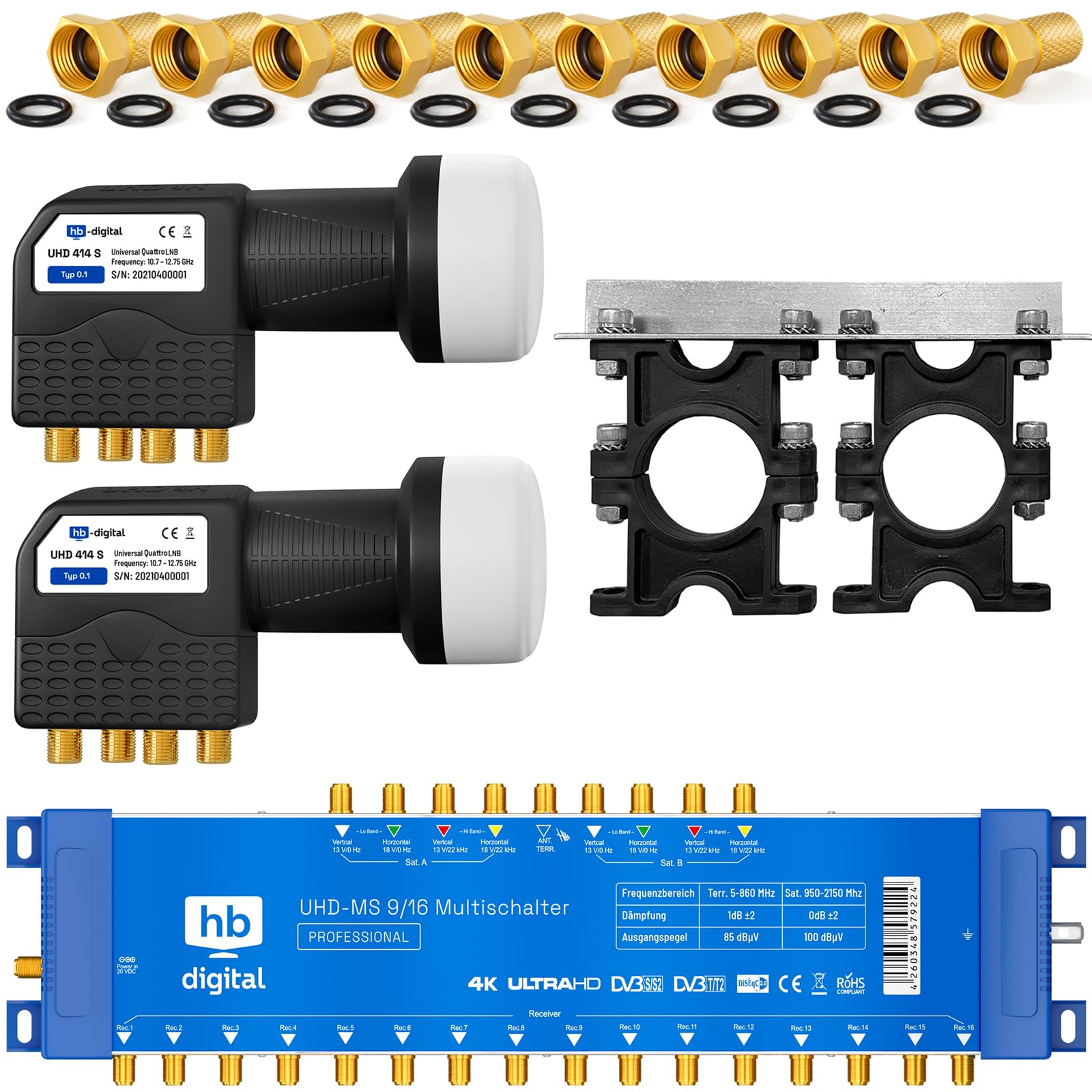 UHD Quattro LNB y conmutador múltiple pmse HB digital para Full HDTV 3D 4 K UHD con fuente de alimentación, incluye conector F dorado