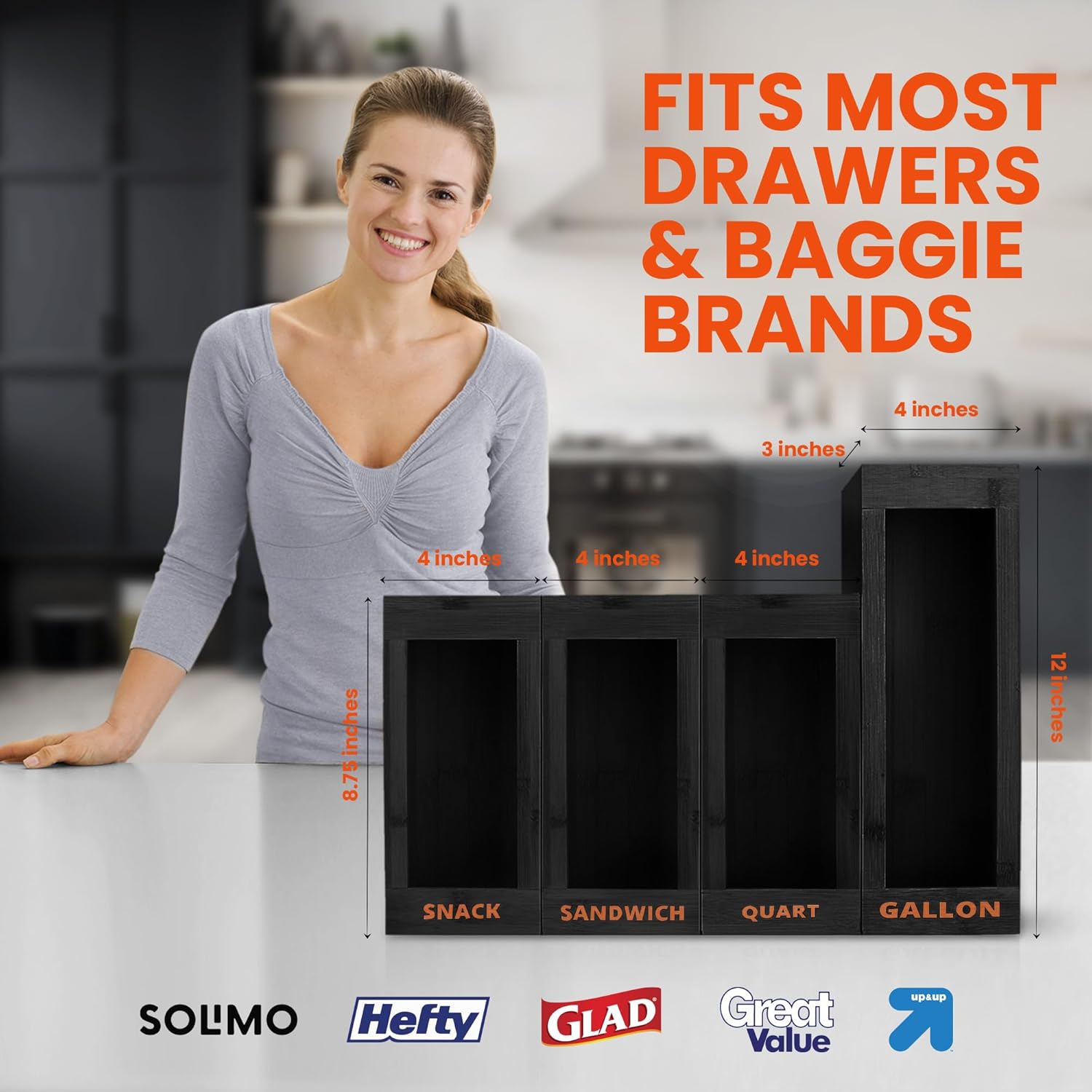 Bag Storage Organizer - Bamboo Food Plastic Baggie Holder, Dispenser, and Container for Kitchen Drawer - Fits Major Brand's Gallon, Quart, Sandwich & Snack Sized Slider Bags (Black) - Image 3