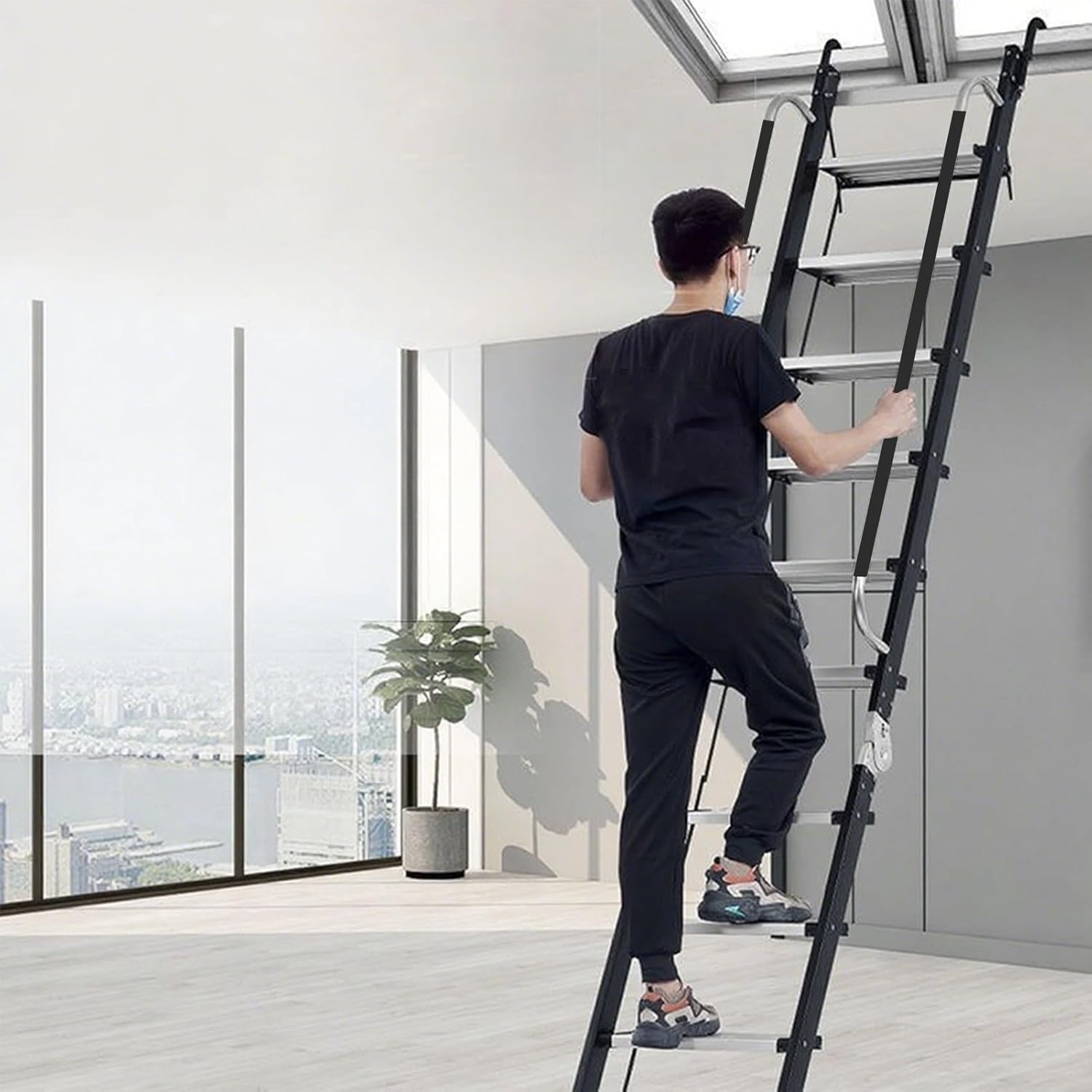 10-Step Foldable Black Metal Attic Ladder - Heavy Duty Loft/Bunk Bed Stairs with Rubber Handrail, High Load Bearing Egress Climbing Solution (293 cm / 115 3/8")