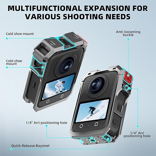 Miniatura 5 de Jaula protectora para DJI Osmo 360, funda de marco utilitario con adaptador de zapata fría doble y roscas de 14 pulgadas y tapa de lente de