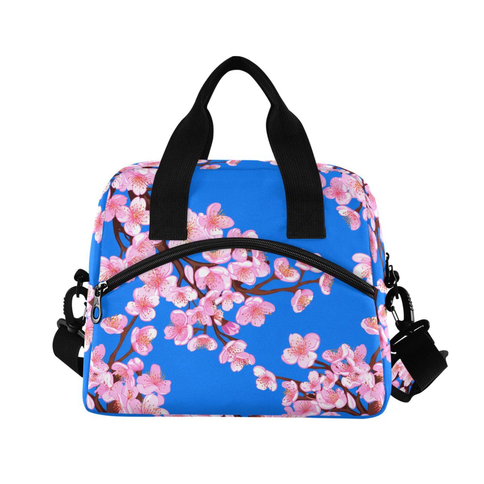 Sinestour Insulated Lunch Bag Reusable Cooler Cherry Blossom Blue Lunch Box Adjustable Shoulder Strap for Men Women Adults