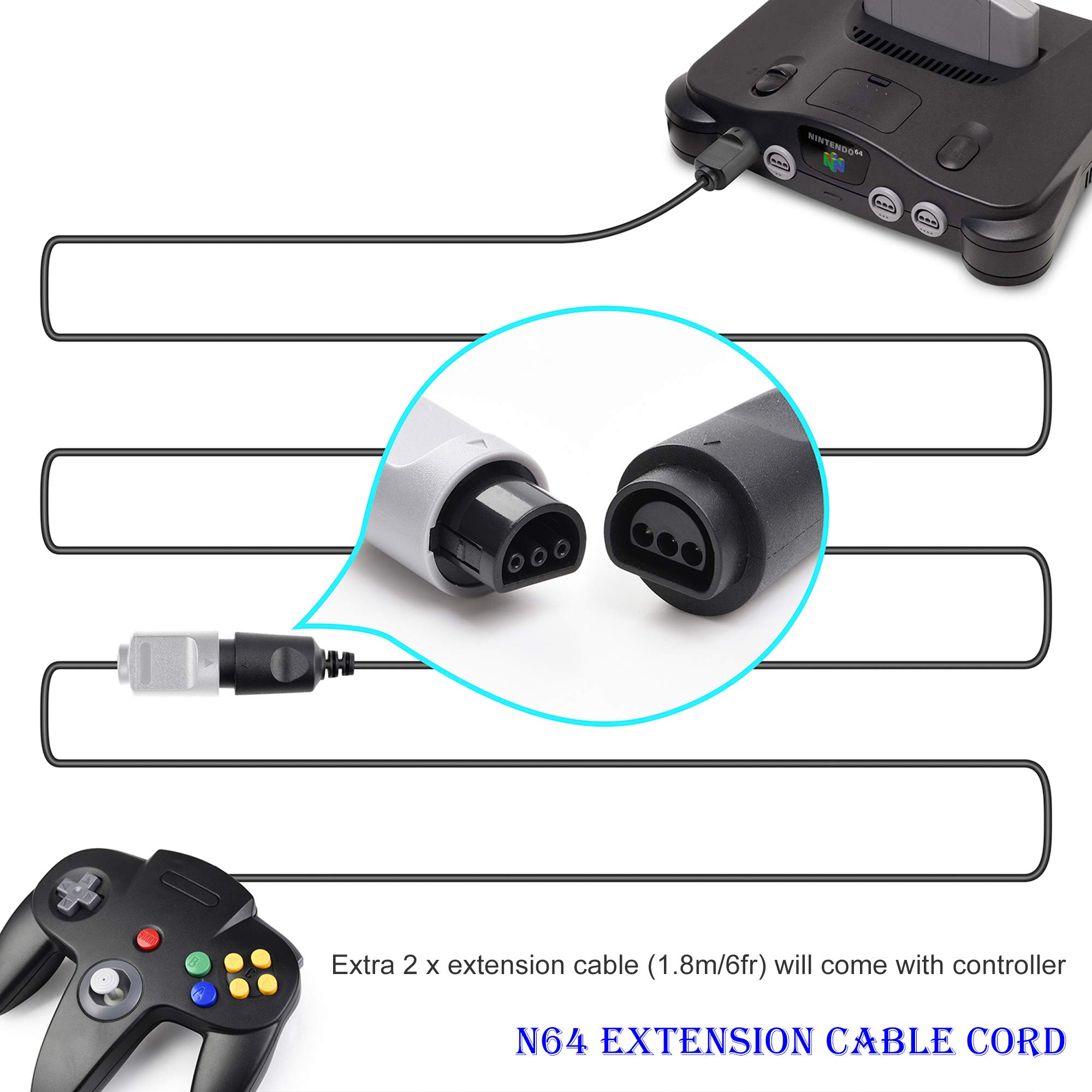 miadore 2 PCS Controller N64 compatibile con console N64, Plug & Play | Gamepad cablato con joystick di precisione 3D migliorato,Con cavo di prolunga da 1,8 m (6 piedi)