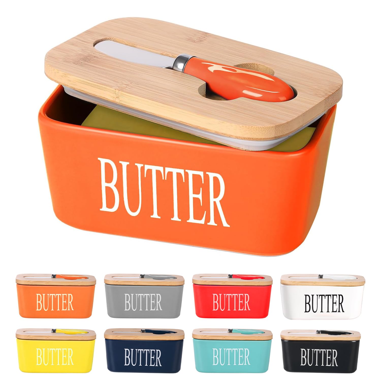 Beurrier en céramique avec couvercle en bois, grand récipient de stockage avec couteau à beurre en acier inoxydable, couvercle en bambou et anneau d'étanchéité en silicone pour beurre de la