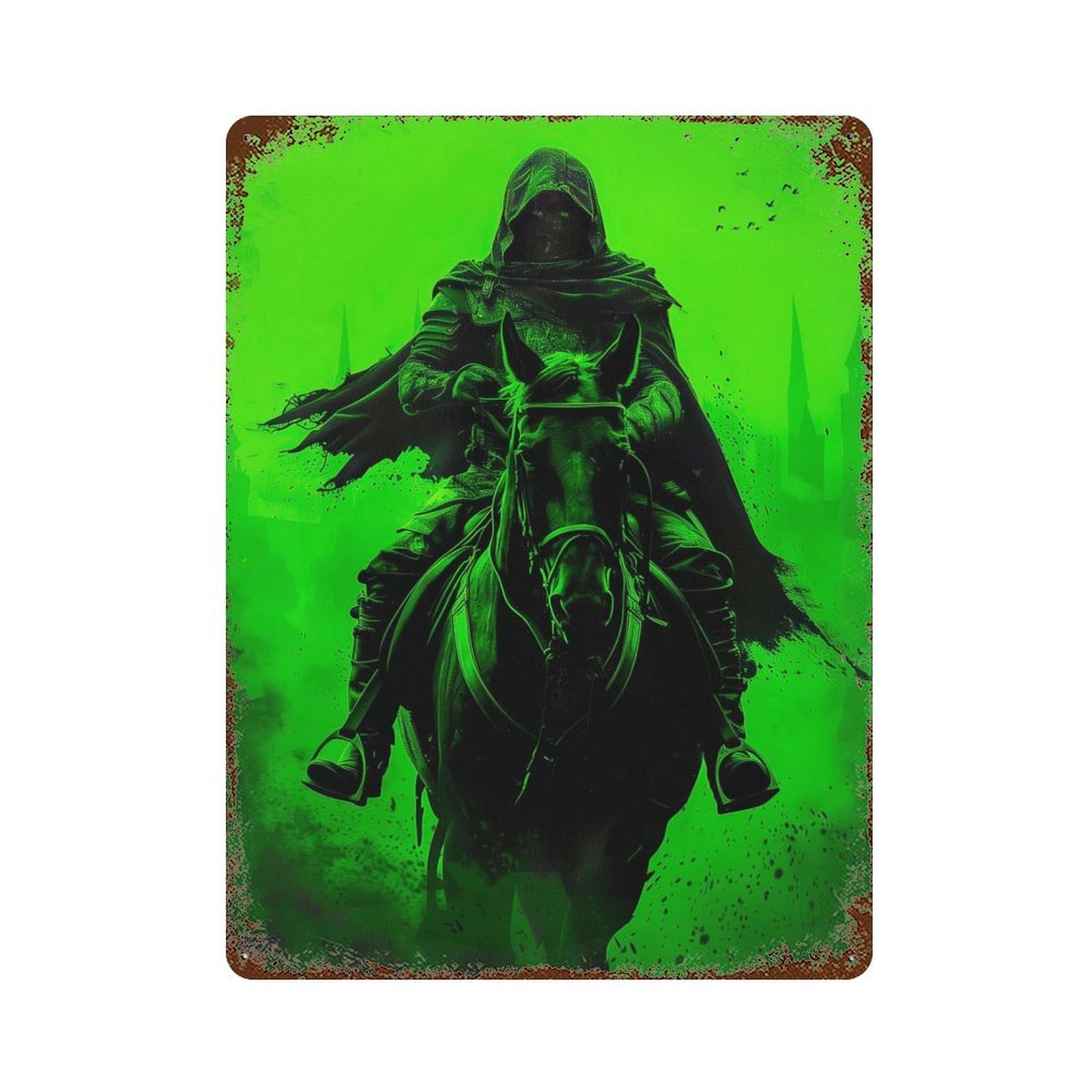 Rust Effect Green Horseman Rusty Metal Tin Sign 15.7"x11.8", Farmhouse Wall Decor for Shed, Workshop And Garage Wall Decor