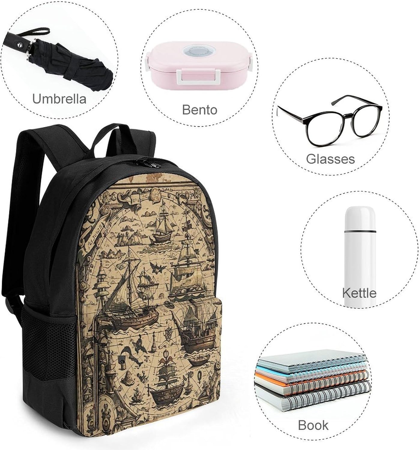 Treasure Map Maritime Pirate Backpack Daypack Travel Backpack | Lightweight Casual Laptop Backpack for Women Men Aesthetic Travel Bag for Weekender Business Hiking Outdoor