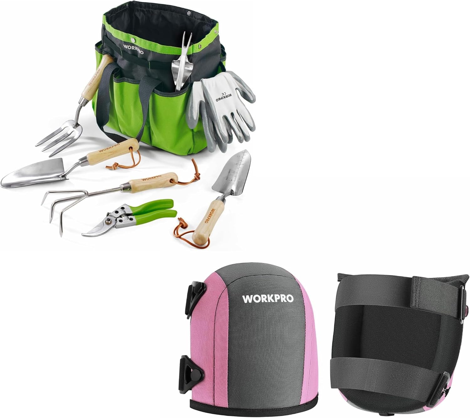 WORKPRO 7 Piece Stainless Steel Heavy Duty Gardening Tools with Wooden Handle & Garden Knee Pads for Unisex-Adult