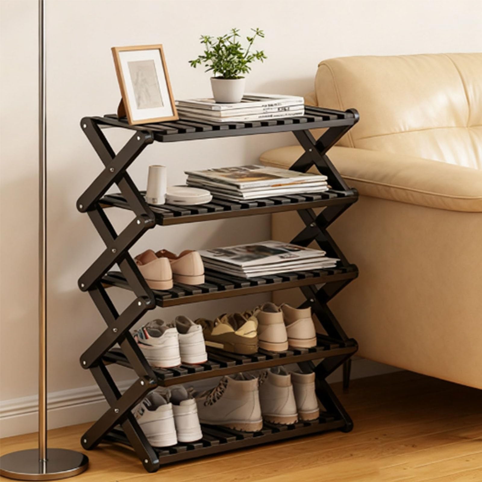 Étagère à chaussures pliable bambou multi-couche X-PE Sto gain de place