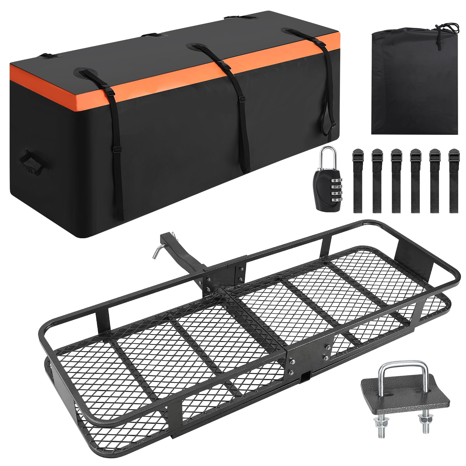 Garvee Élevé capacité 90kg – Porte-Bagages Plateforme attelage Acier pliable152x51x15 cm, Sac étanche 425L, Filet, Sangles, stabilisateur – pour SUV, camionnette, remorque – Couleur Noir