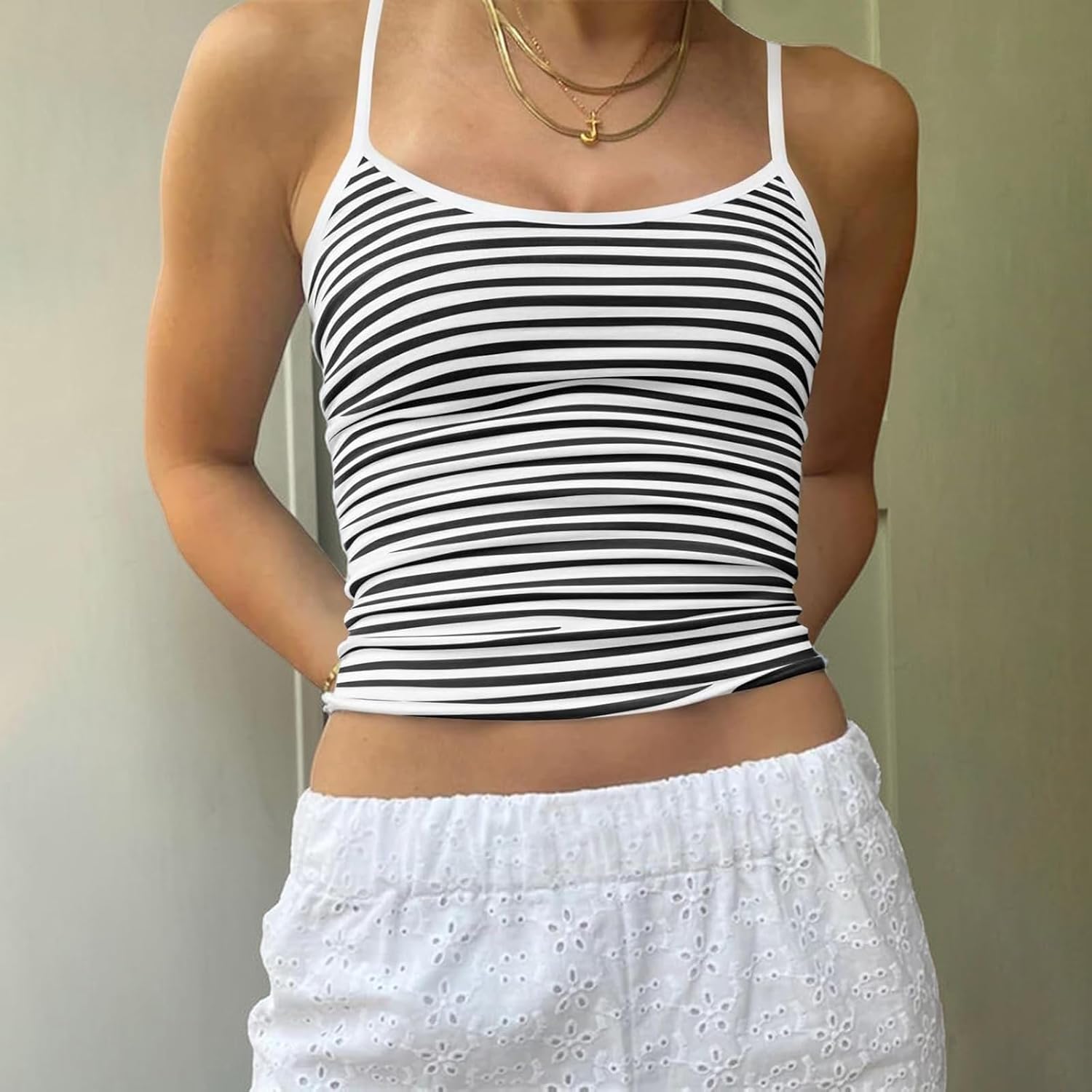 Women Stripe Print Cami Top Y2k Spaghetti Strap Backless Crop Tank Aesthetic Sleeveless Slim Fit Going Out Tops - Image 2