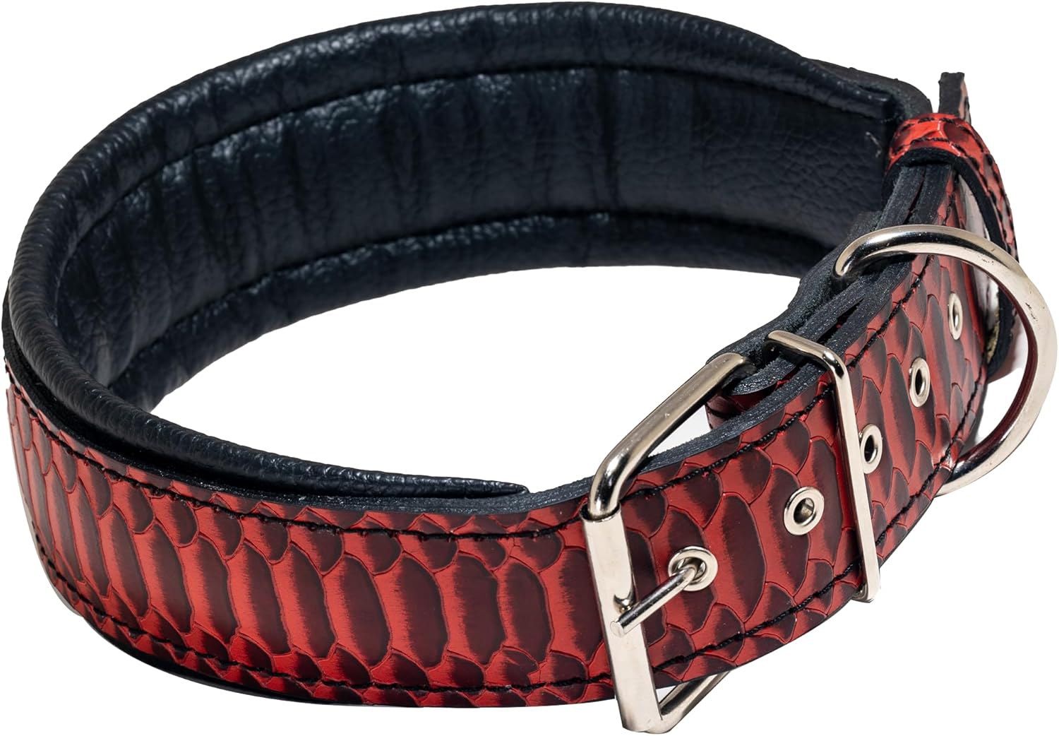 Leather Dog Collar, Large Dog Collar, Padded Heavy Duty Dog Collar with Dog Tag Holder, Red Dog Collar (Large, Red), 2 inches Wide Soft pading, Medium Dog Collar.