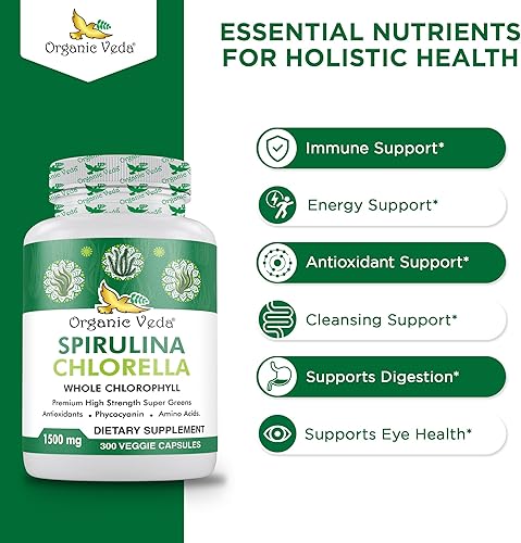 Miniatura 6 de Organic Veda Cápsulas de espirulina y clorella, 1500 mg, 300 unidades - Cápsulas de espirulina Chlorella con antioxidantes súper verdes