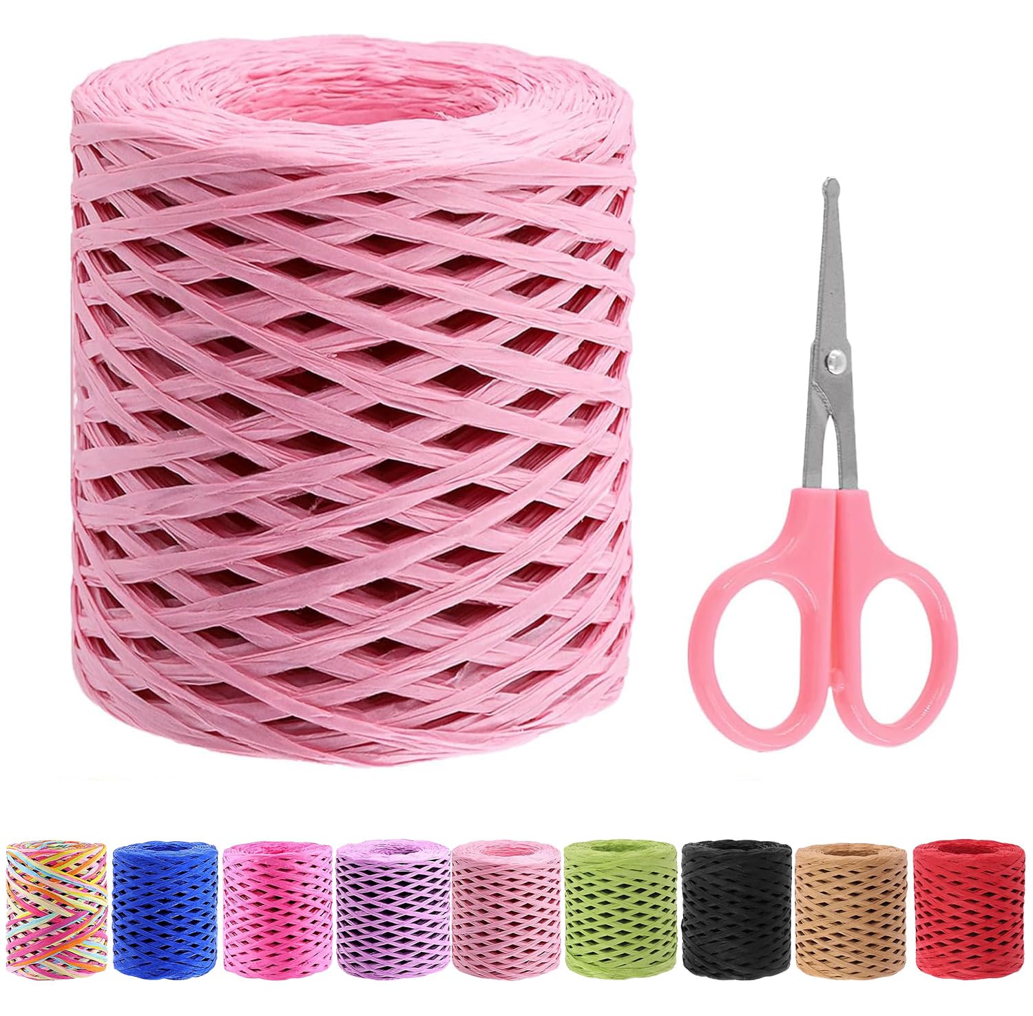Swpeet 1 Roll Beautiful Pink 218 Yards Raffia Paper Craft Ribbon with Scissors Assortment Kit, Natural Raffia String Kraft Craft Packing Paper Twine for Gifts DIY Supplies Flower Bouquets Decorations