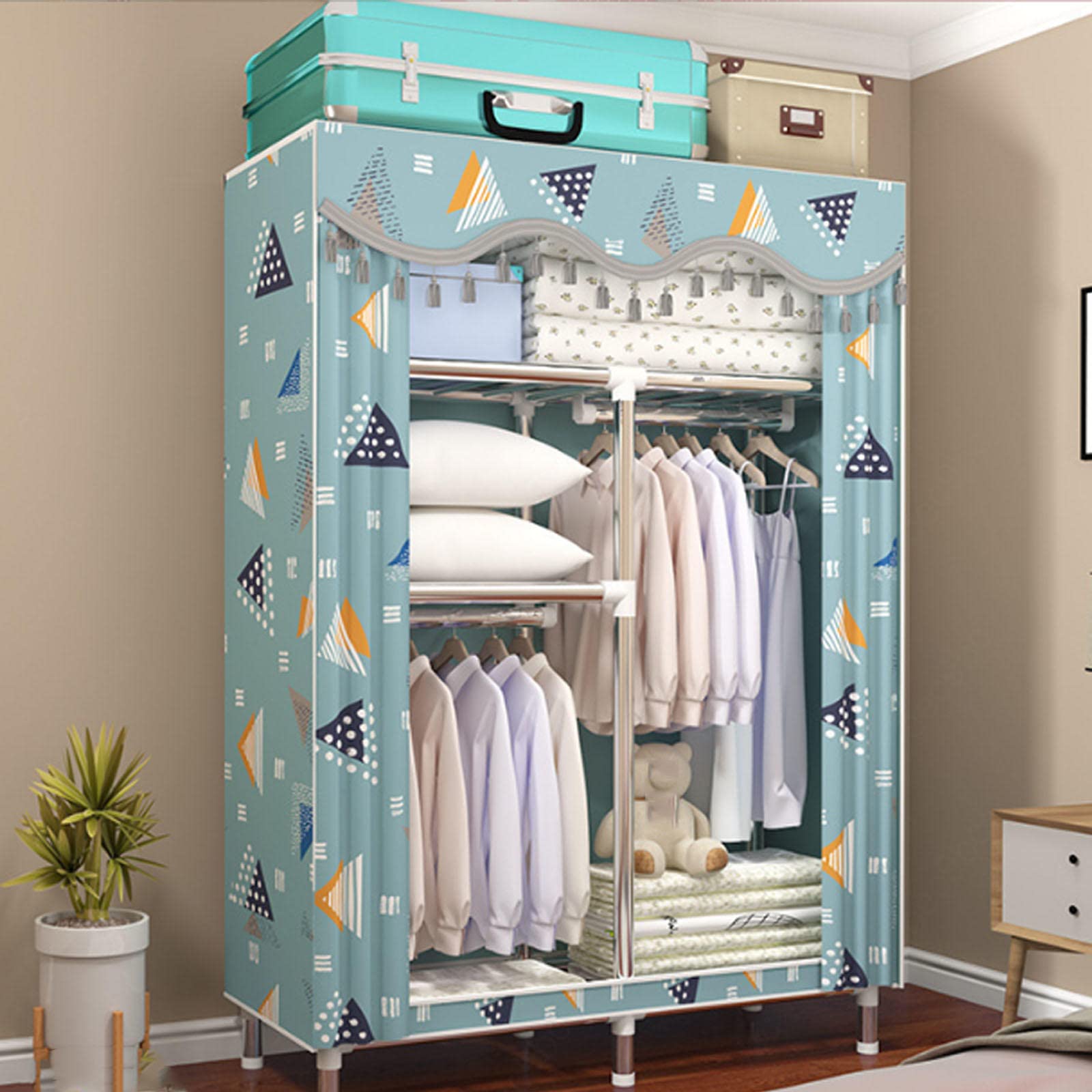 Kleiderschrank Tragbarer Kleiderschrank aus Segeltuch, Stoff-Kleiderschrank-Aufbewahrungsorganisator mit Kleiderstange, faltbarer Schrank für Schlafzimmer,Grün-90x46x170cm