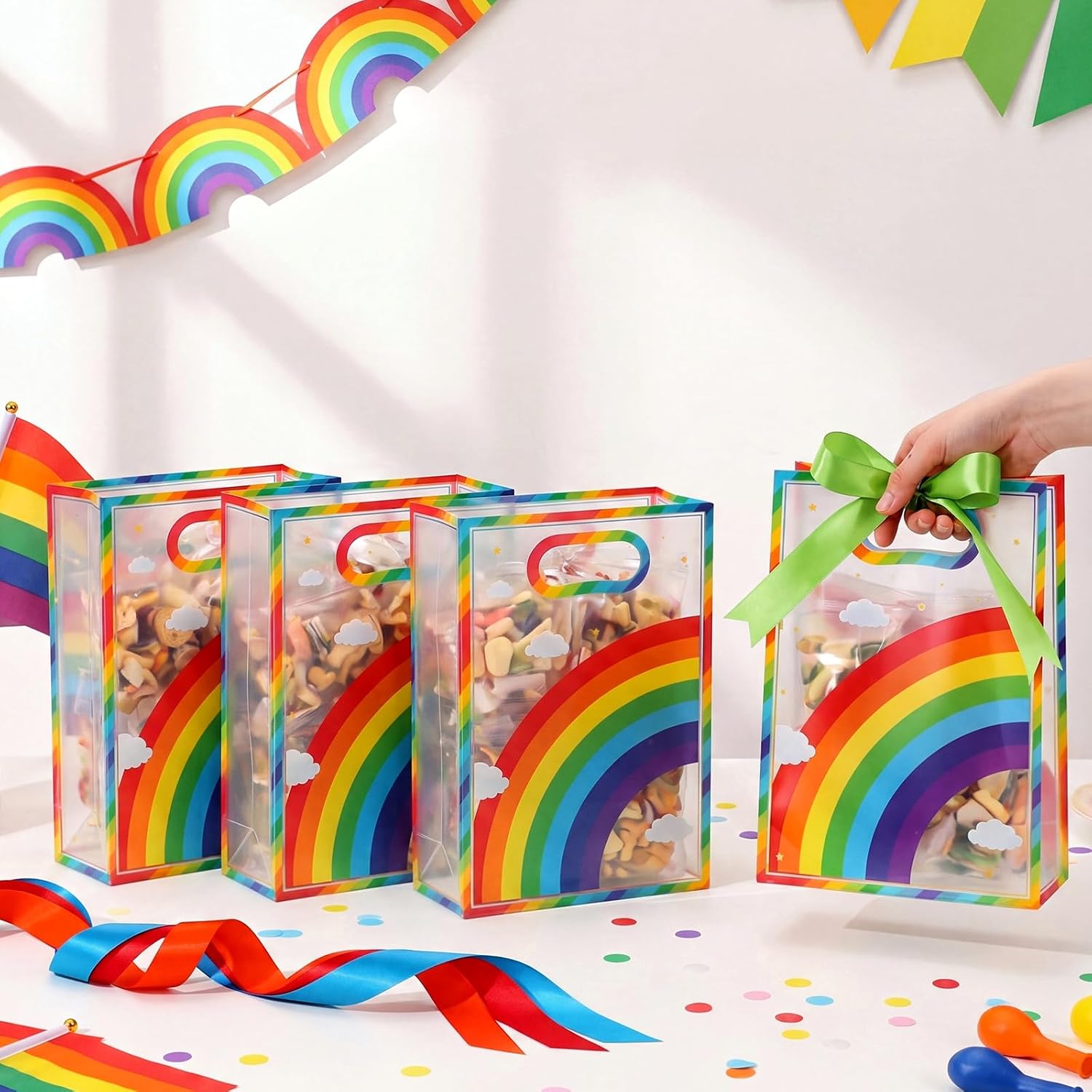 Aliceset 12 Pcs Rainbow Gift Bags with Handle Colorful Ribbon, 10x7x3.15'' image 4