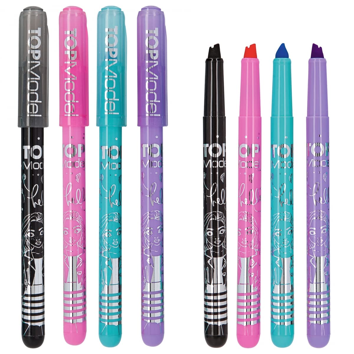 Depesche 11936 TOPModel Hand Lettering Set of 4 Felt Tip Pens in Black, Pink, Turquoise and Purple with Angled Double Tip, Calligraphy Pens for Writing and Decorating, Approximately 6