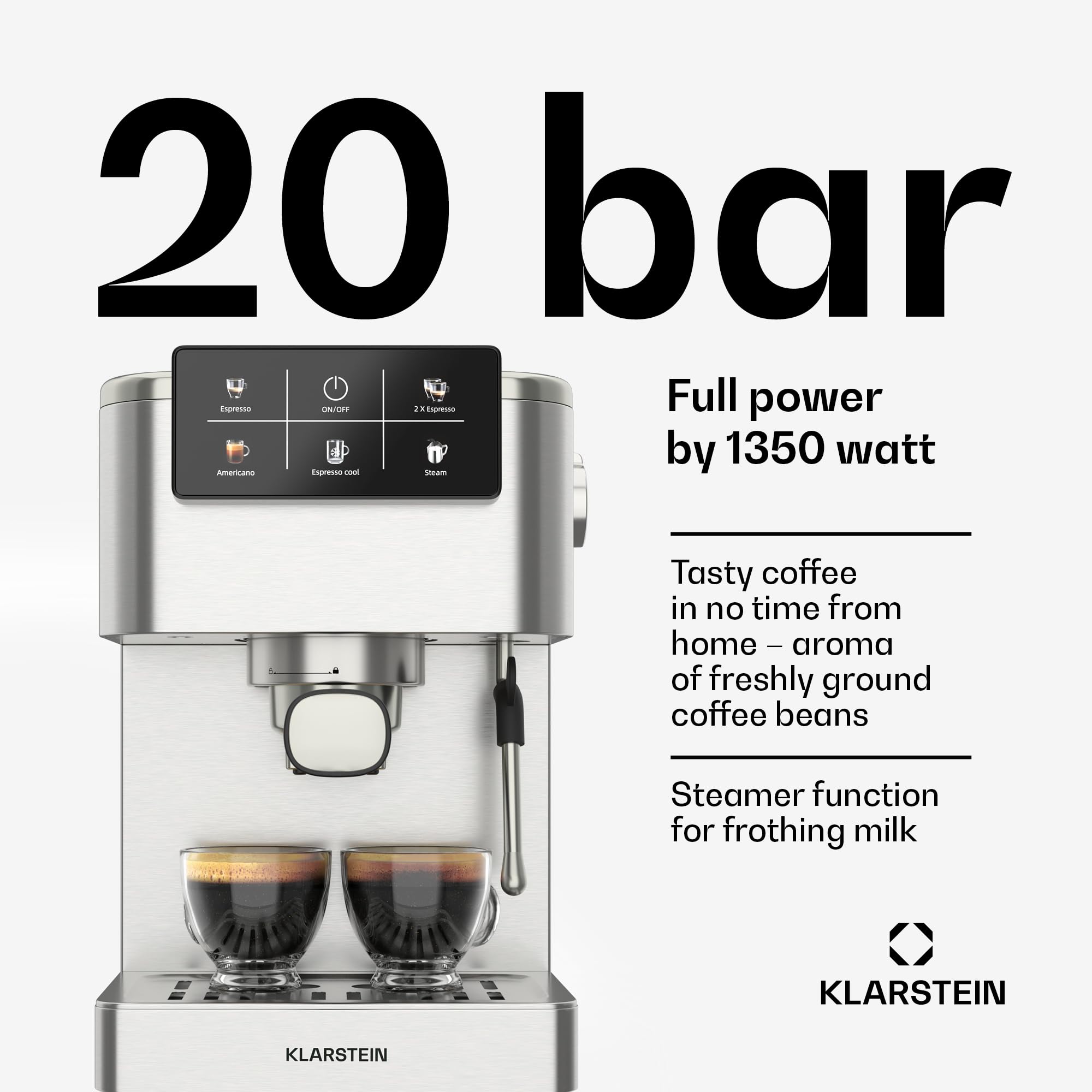 Klarstein SteelPresso Touch ekspres do sitka, 20 barów, 1350 W, stal nierdzewna, zbiornik na wodę 1,5 l, wyświetlacz dotykowy, zintegrowany spieniacz do mleka, kompaktowa konstrukcja, ekspres do kawy