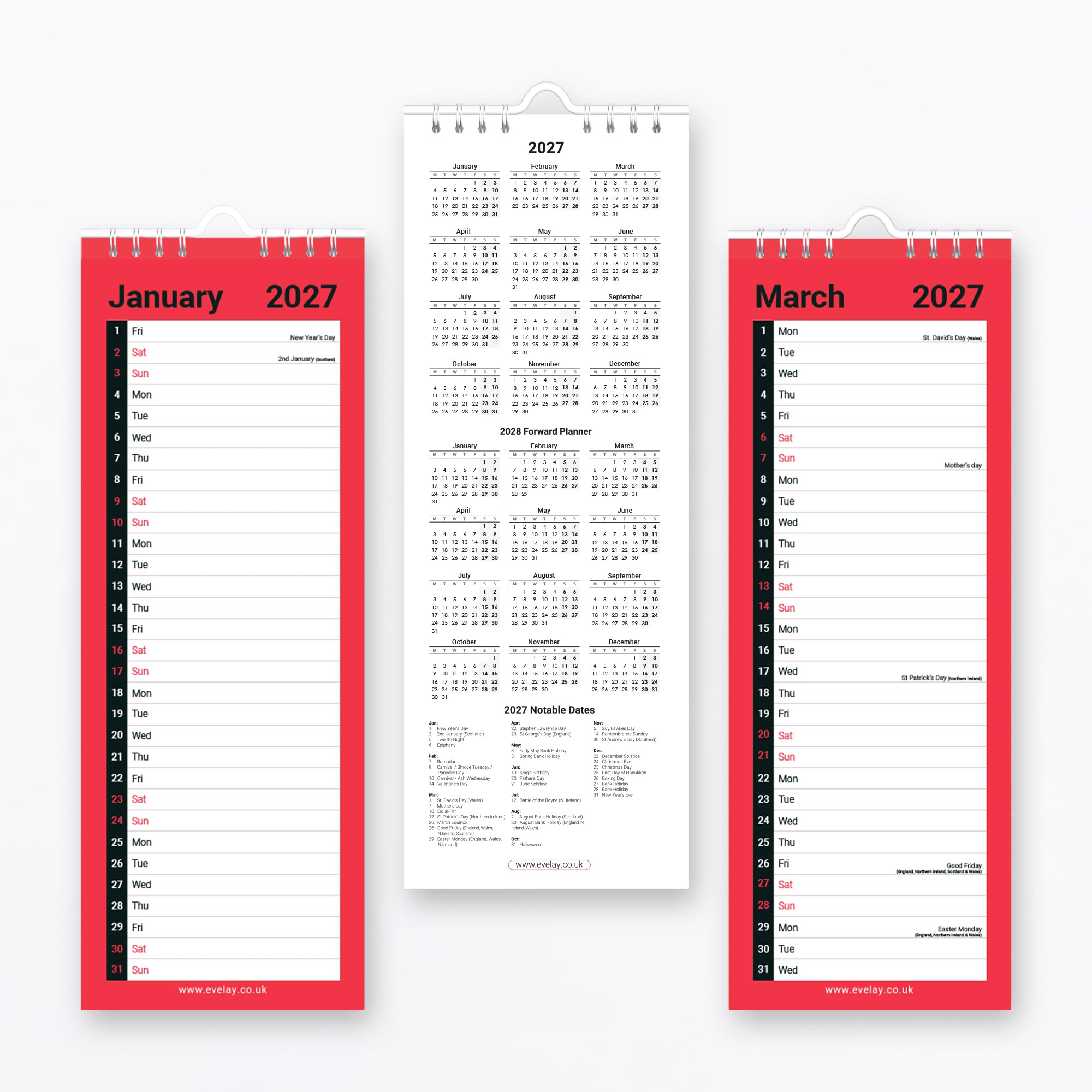 2027 Slim Wall Calendar Month to View - 31 x 11cm Spiral Bound Home Office Organiser - Planner with Notes Section, UK Holidays (Red)