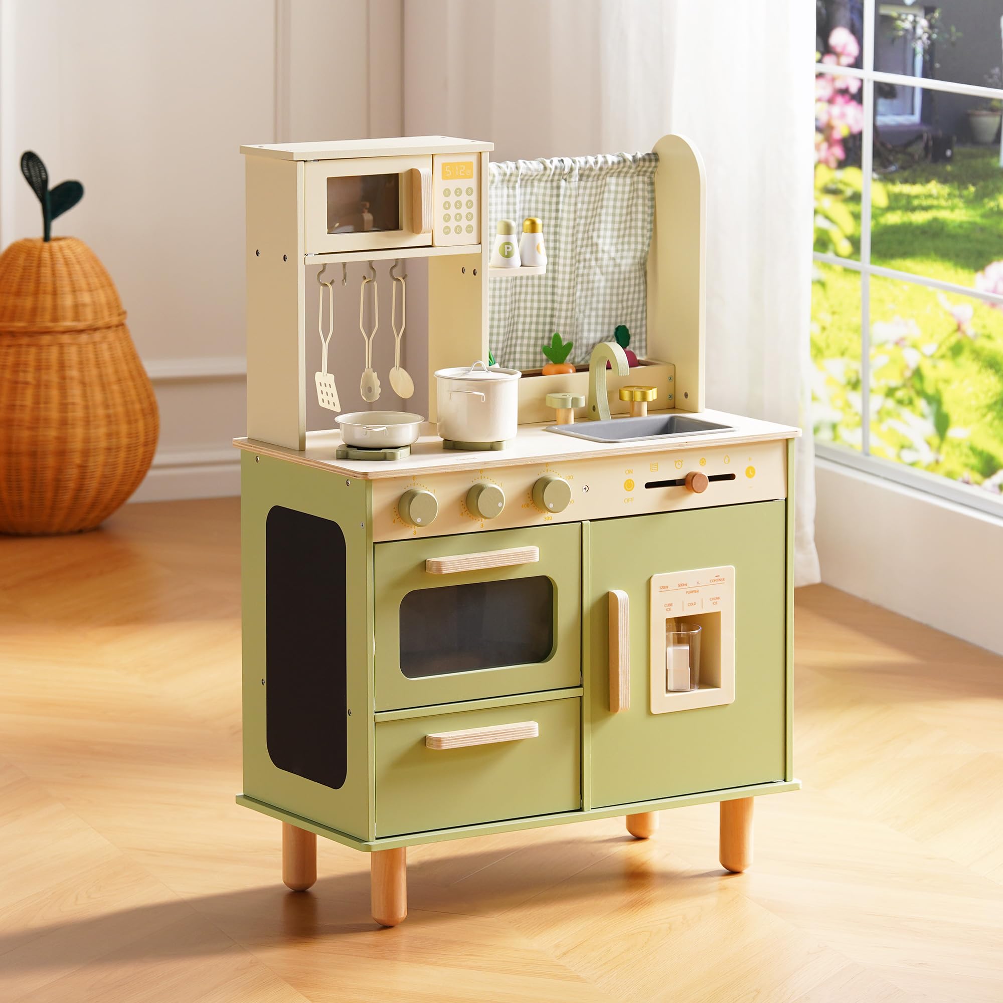 ROBUD Kinderküche aus Holz – Spielküche mit Kühlschrank, Eiswürfelspender, Backofen & Zubehör, Rollenspielküche für Kinder
