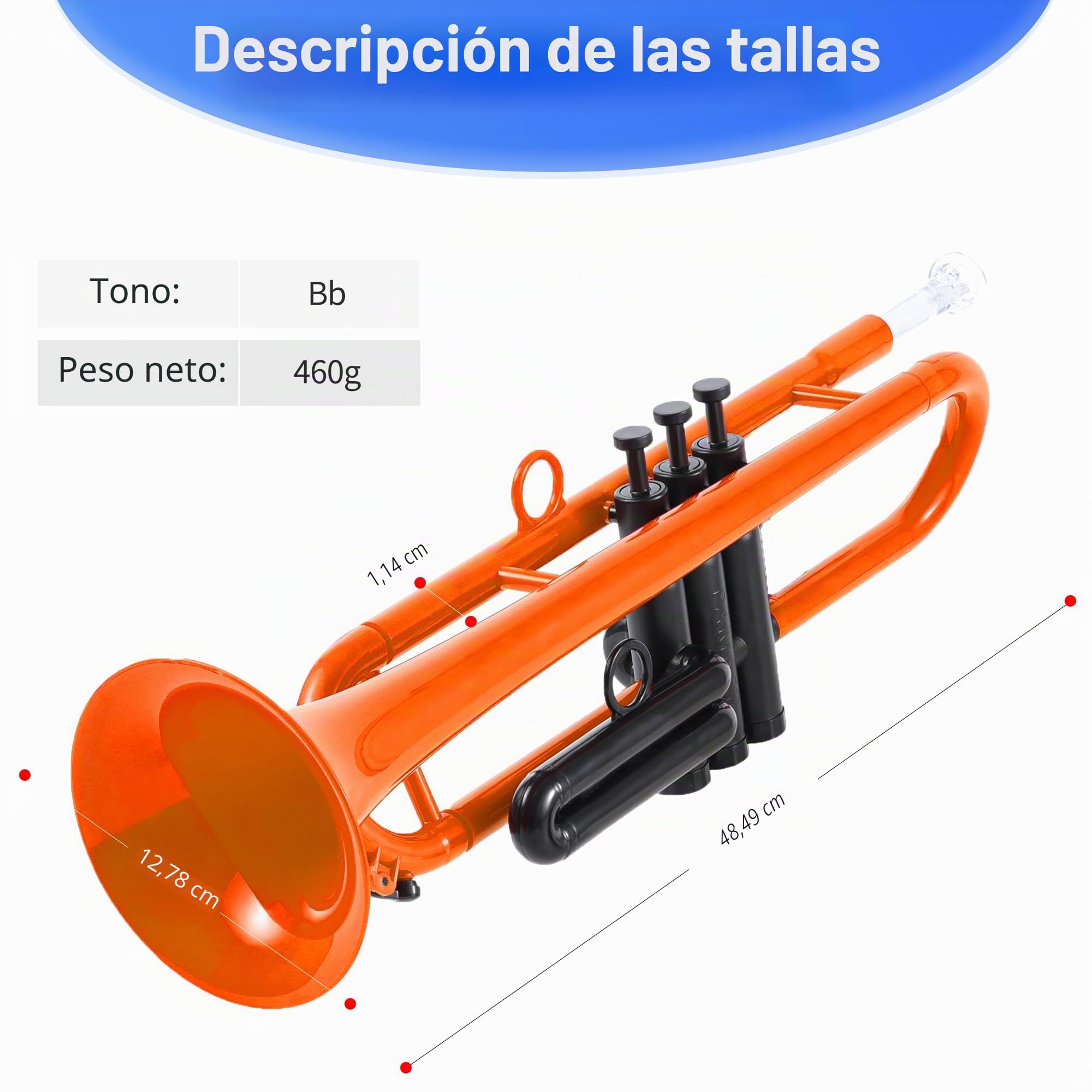 PAMPET Juego de trompeta profesional de plástico para estudiantes principiantes con boquilla 7C y boquilla 3C, instrumento de trompeta Bb naranja