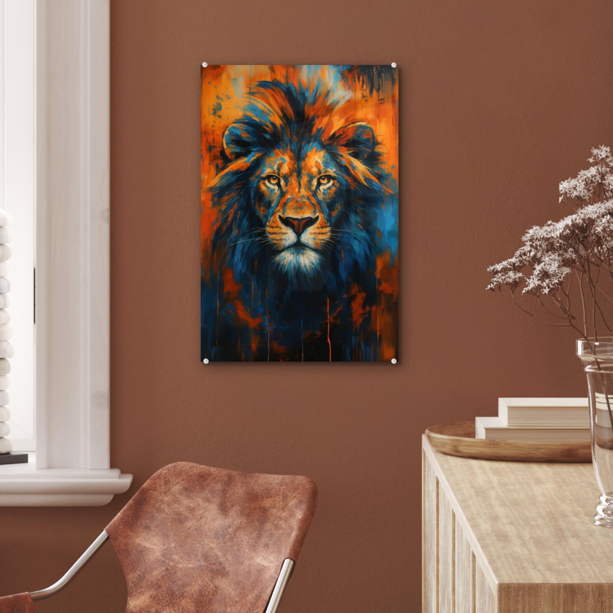 MuchoWow© Quadri Grande Formato 40x60 cm Mini Poster Parete Moderno Interno Stampa Foto Su Vetro Salotto Cornice Murale Arredamento Dipinto - Testa Di Leone - Arancione