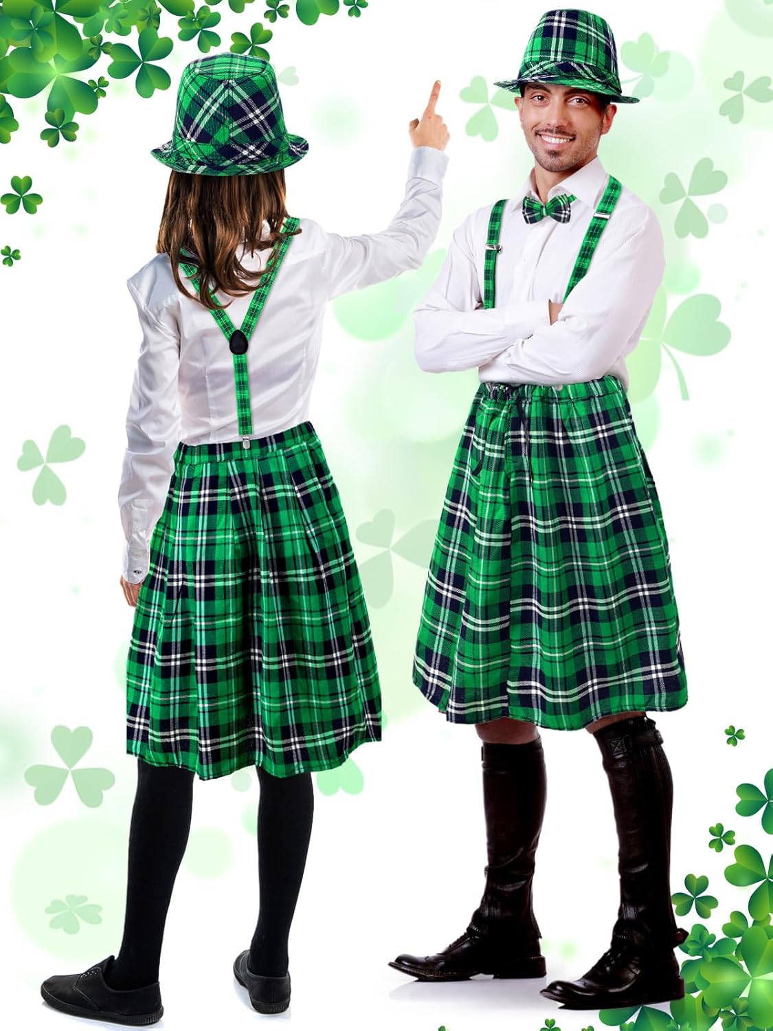 Jansun 4 Pieces St. Patrick's Day Costume Accessories Set Irish Plaid Green Kilt Scottish Tam Bow tie Suspender Set - Image 2