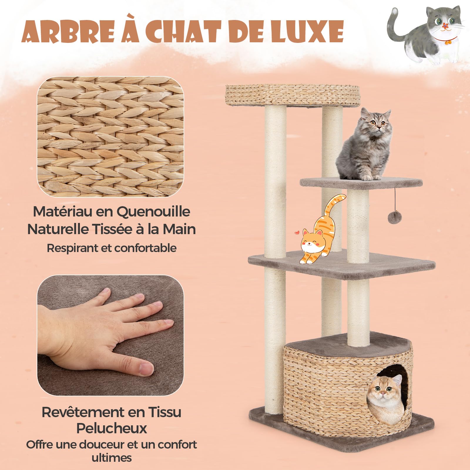 COSTWAY Arbre à Chat en Bois 131 cm Design avec 3 Griffoirs en Sisal, 3 Plateformes, Condo en Quenouille Tressée, Coussins Amovibles, Tour à 4 Étages, Café
