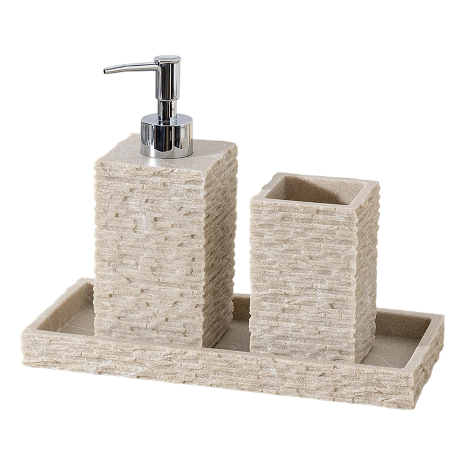 Sandstone Resin Soap Dispenser Toothbrush Holder Tray Set for Modern Bathroom Countertop Organization Essential Housewarming Gift
