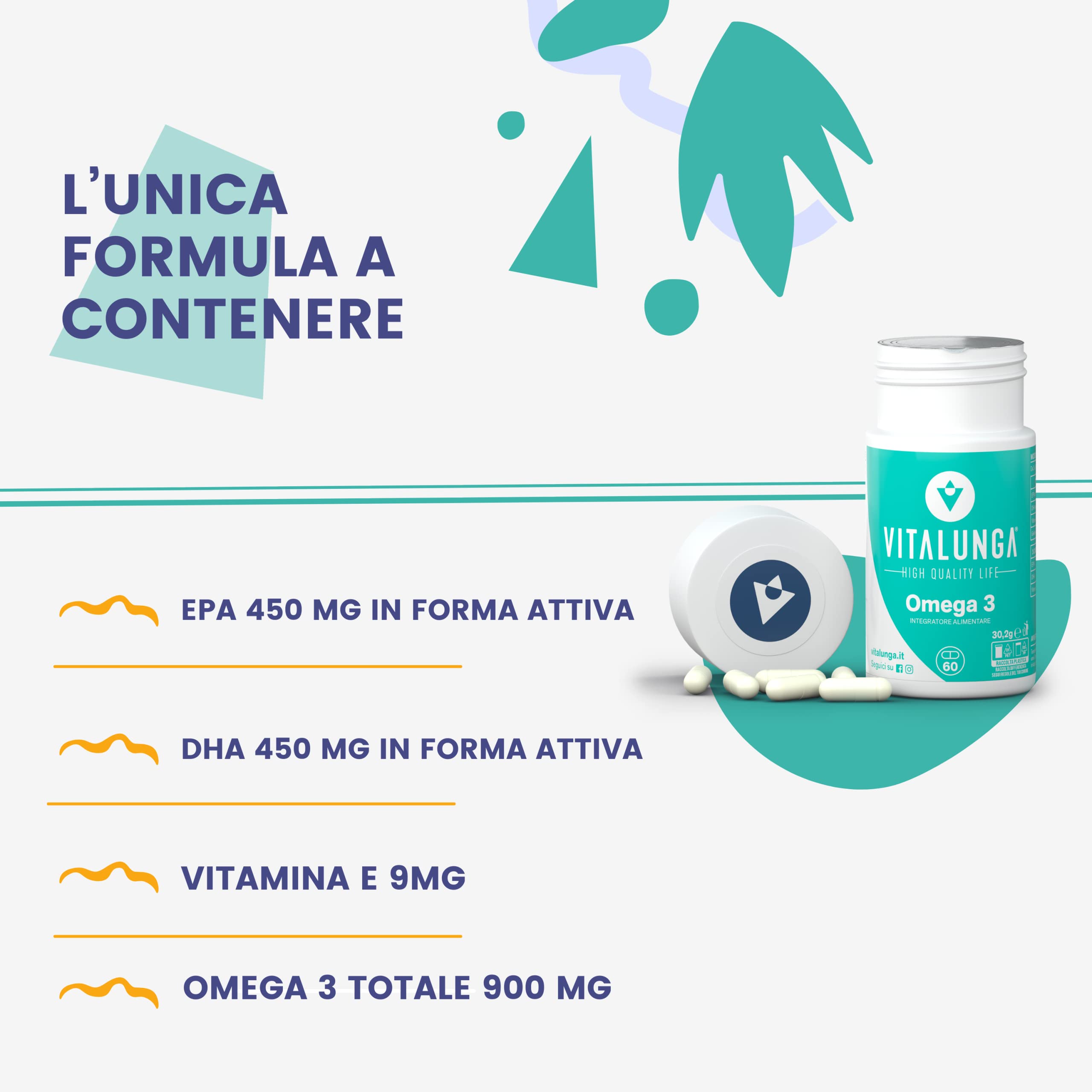 Omega 3 Ad Altissimo Dosaggio 900 mg Di EPA e DHA Forma Attiva Dell’Olio Di Pesce E 9 Mg Di Vitamina E 60 Capsule Naturali Di Acidi Grassi Essenziali Omega 3 Puro Made In Italy Vitalunga