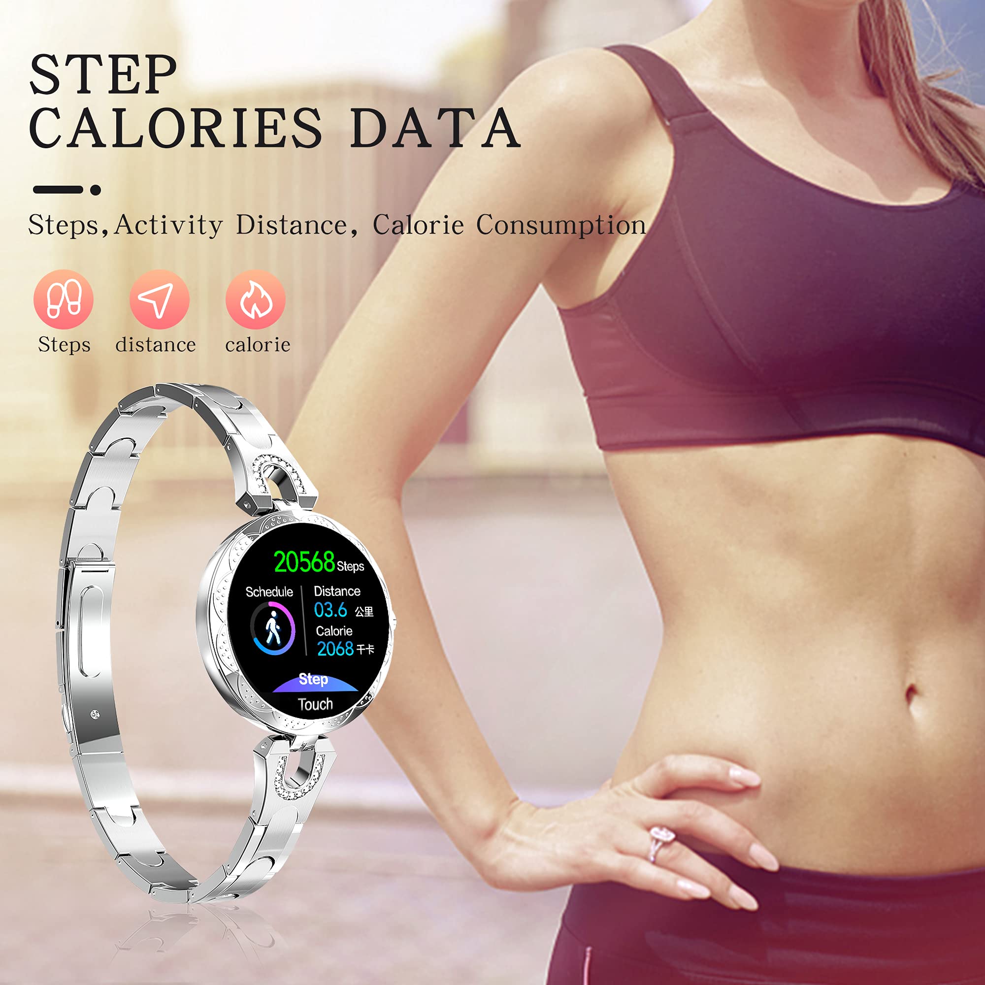 findtime damski wodoodporny stalowy zegarek z monitorem tętna i fitness dla systemów Android i iOS IP68 wodoodporny, srebrny, Nowoczesny