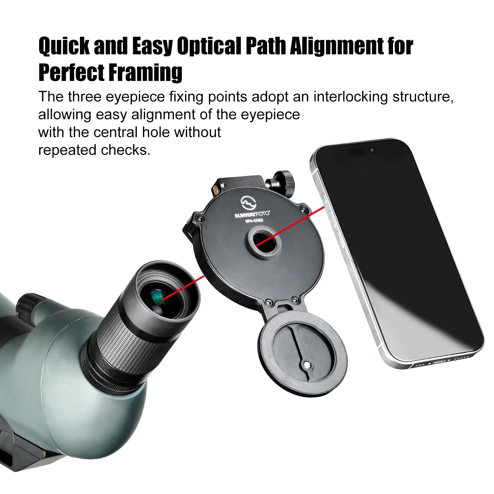 SUNWAYFOTO SPA-3060 - Adaptador de teléfono móvil para prismáticos, soporte universal para binoculares, compatible con el diámetro exterior del ocular 30-60 mm