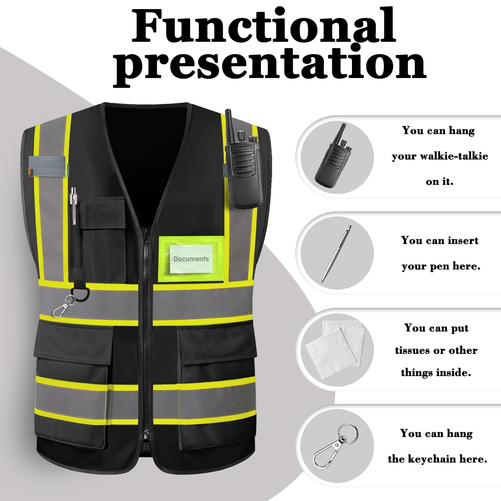 Gilet Catarifrangente Personalizzati Bicolore Ad Alta Visibilità Con Inserti Riflettenti, Gilet Ad Alta Visibilità Con Tasche e Cerniera, Personalizzabili Con Logo e Testo, Per Uomo e Donna