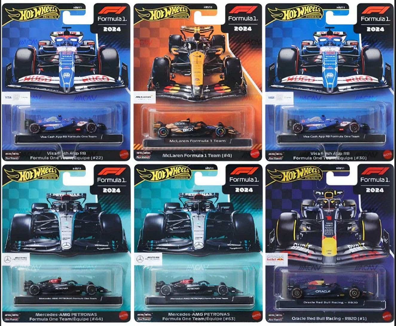 Hot Wheels Formula 1 2024 Die-Cast Racing Cars Set of 6, McLaren, Mercedes-AMG Petronas, Red Bull Racing, Visa Cash App RB Teams HRV11-956H
