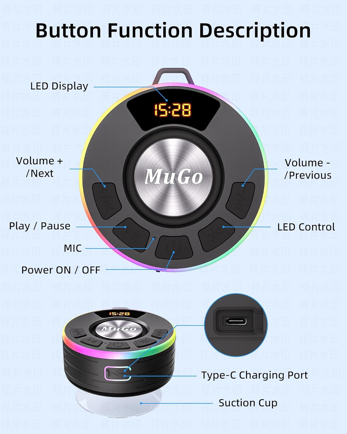 MuGo Bluetooth Shower Speaker, 360° HD Stereo Sound, IPX7 Waterproof Wireless Speaker Bluetooth 5.4 with RGB Lights, Suction Cup and Microphone, Small Shower Radio for Home/Party/Outdoor/Gifts