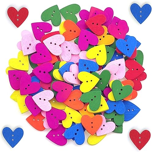100 botones de corazón de madera coloridos con 2 agujeros, botones rústicos para ropa, costura, álbumes de recortes, manualidades, decoración de