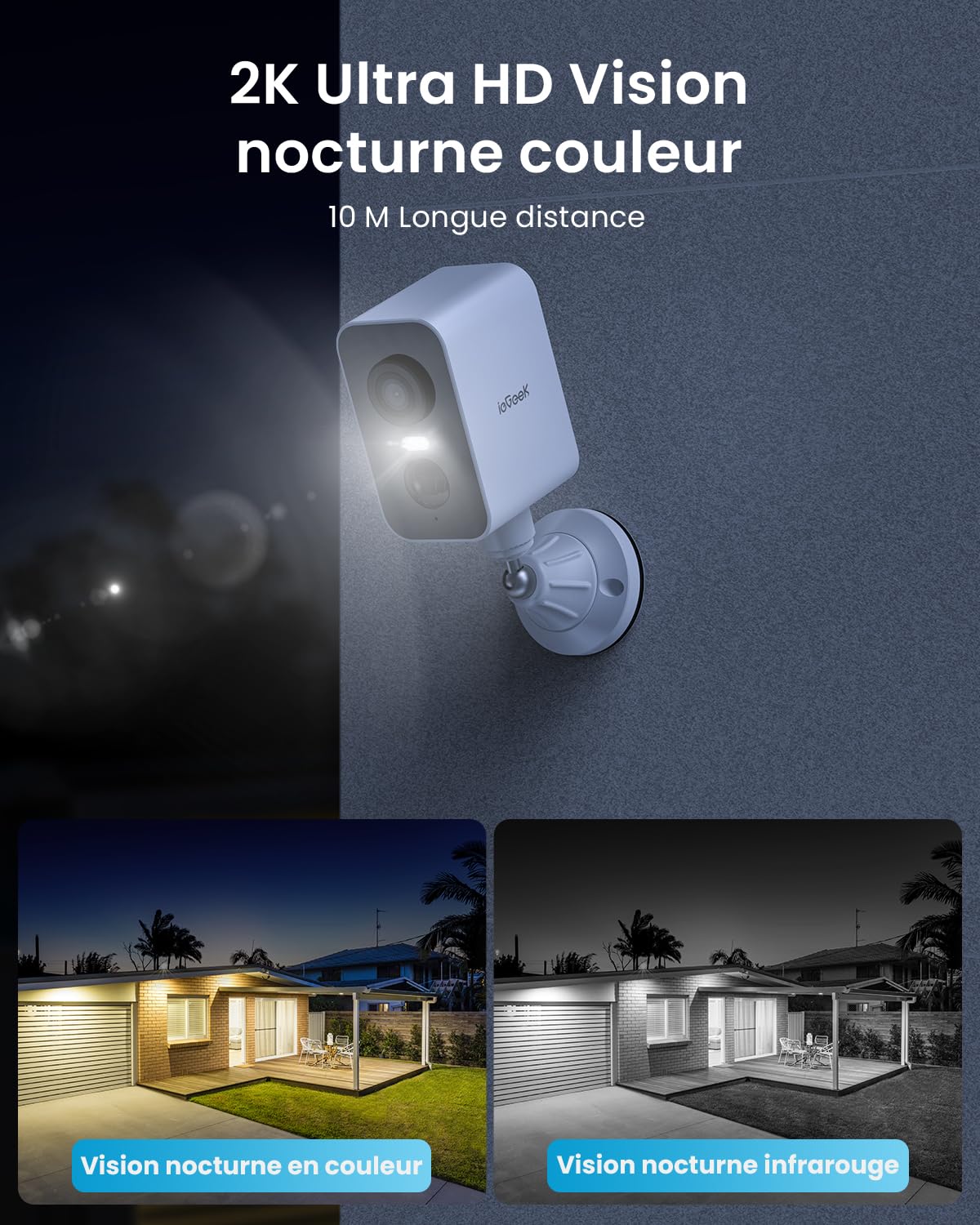 ieGeek 2K Base Magnétique Camera Surveillance WiFi Exterieure sans Fil Batterie, Camera Extérieure/Intérieure, Vision Nocturne Couleur, Détection de Mouvement PIR, Sirène d'alarme, Étanche IP65