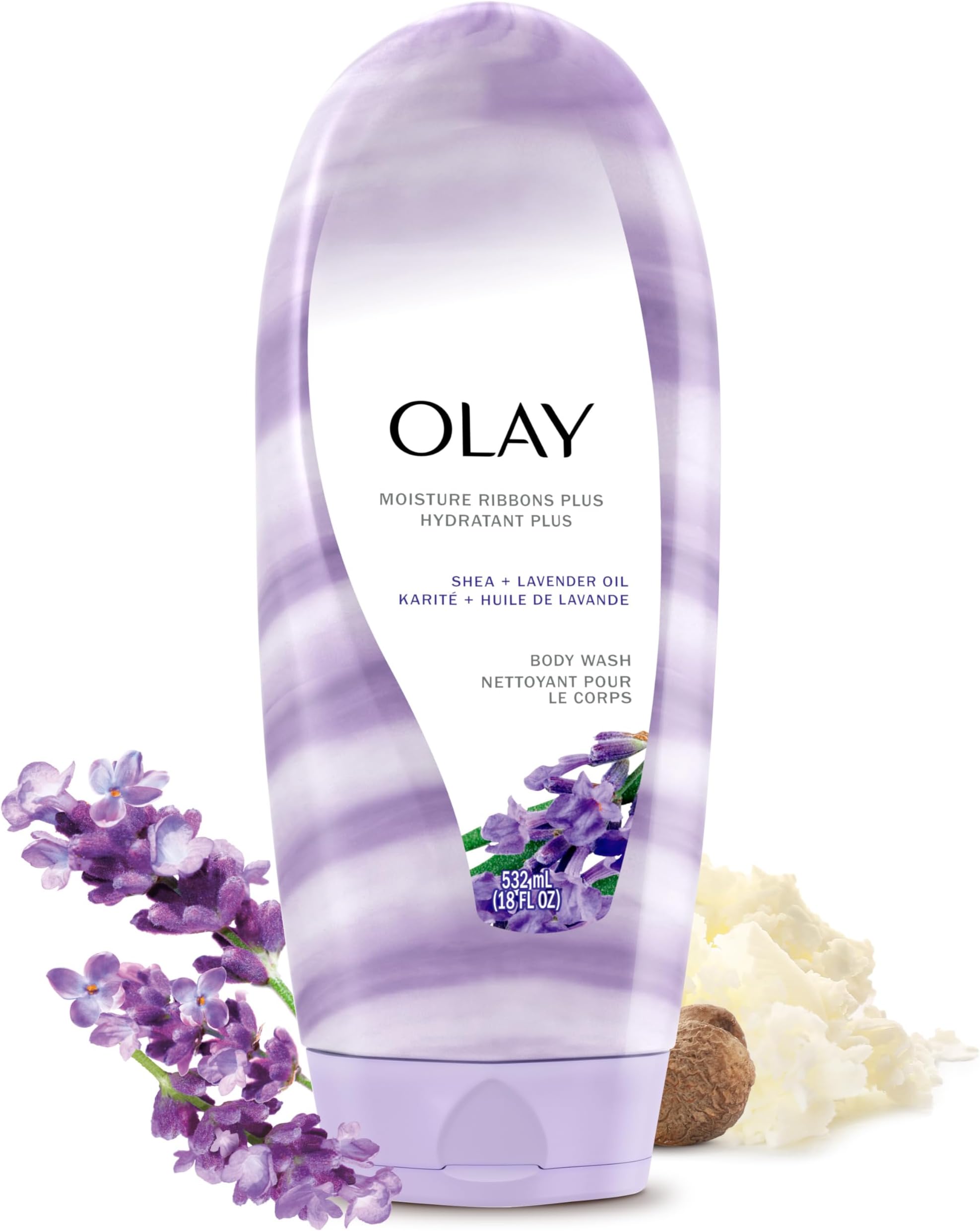 Body Wash for Women, Moisture Ribbons Plus, Deep Conditioning & Moisturizing Formula, Long Lasting Smooth Soft Skin, For All Skin Types, Shea Butter & Lavender Oil Scent, 18 fl oz